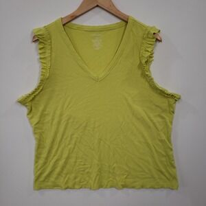 Nine West Womens XL Chartreuse Green Ruffle Sleeve V Neck Ribbed Tank Top Bold